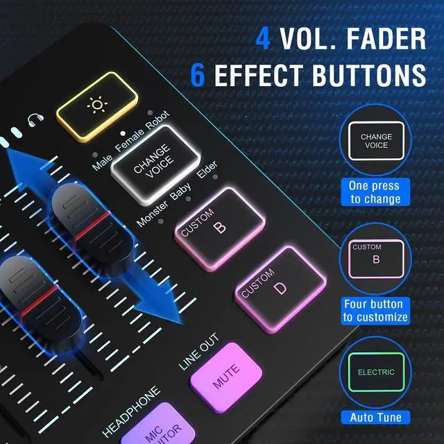 Alt view image 3 of 7 - DeuninkerGaming Audio Mixer with XLR Cable Bundle, Streaming RGB PC Mixer with Microphone Cable, XLR Interface, Volume Faders, Mute Button, Computer Mic for Recording/Podcast/Vocal/Game Voice (SC3+L9)