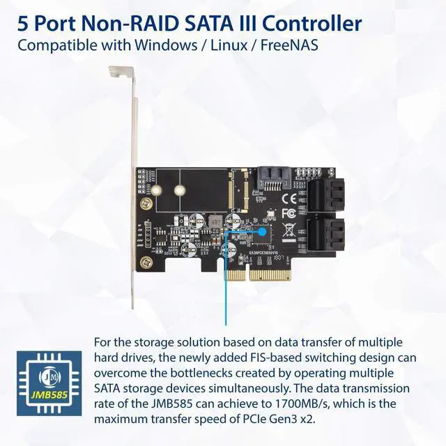Alt view image 4 of 6 - IO CREST Internal 5 Port Non-Raid SATA III 6GB/S Pci-E X4 Controller Card for Desktop PC Support SSD and HDD with Low Profile Bracket. JMB585 Chipset SI-PEX40139