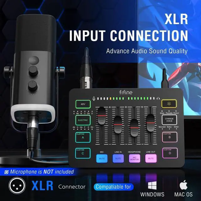Alt view image 2 of 7 - DeuninkerGaming Audio Mixer with XLR Cable Bundle, Streaming RGB PC Mixer with Microphone Cable, XLR Interface, Volume Faders, Mute Button, Computer Mic for Recording/Podcast/Vocal/Game Voice (SC3+L9)