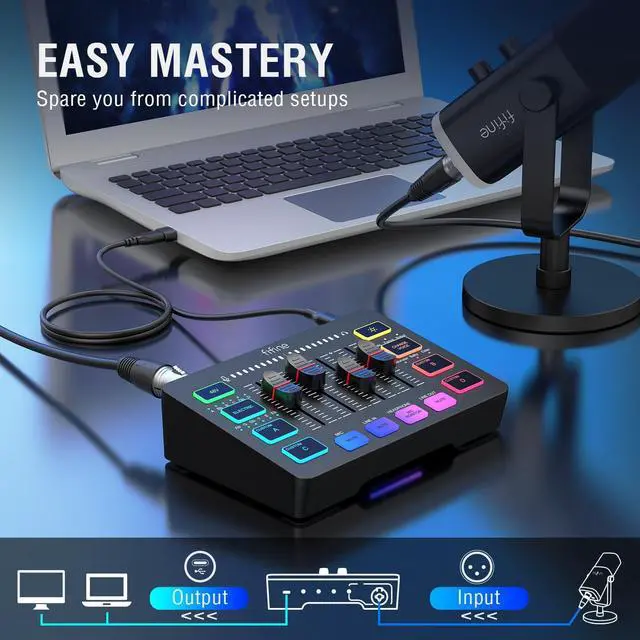 Alt view image 4 of 7 - DeuninkerGaming Audio Mixer with XLR Cable Bundle, Streaming RGB PC Mixer with Microphone Cable, XLR Interface, Volume Faders, Mute Button, Computer Mic for Recording/Podcast/Vocal/Game Voice (SC3+L9)