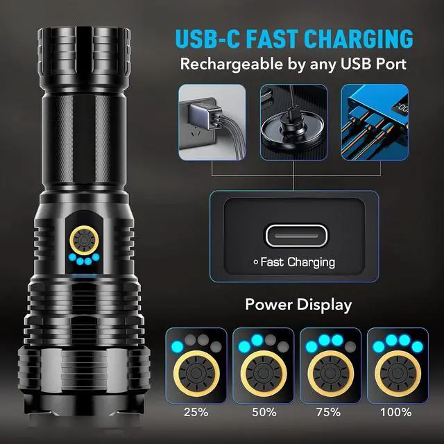 Alt view image 4 of 7 - Rechargeable Flashlights 990000 High Lumens High Power Led Flashlight XHP70.2 Powerful Tactical Flashlight with Zoomable 5 Modes IPX7 Waterproof Flashlight for Camping Hiking Emergencies