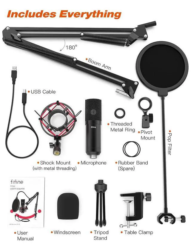 Alt view image 6 of 6 - Deuninker USB Microphone Set with Flexible Boom Arm Stand Pop Filter, Plug and Play with PC Desktop Laptop Computer, Streaming Podcast Instrument Mic Kit for Home Studio (T732)