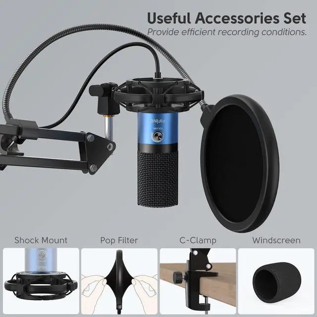 Alt view image 5 of 7 - Deuninker USB Recording PC Microphone Kit, Computer Condenser Cardioid Mic on Mac Windows PS4/PS5, for Streaming, Podcasting, Gaming, Video, Home Use, with Gain Knob, Arm Stand-T669 Blue