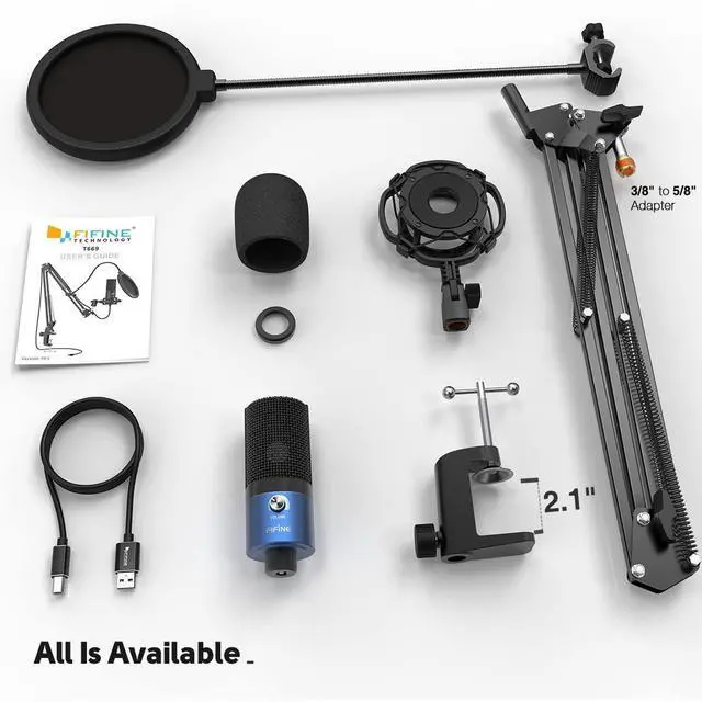 Alt view image 7 of 7 - Deuninker USB Recording PC Microphone Kit, Computer Condenser Cardioid Mic on Mac Windows PS4/PS5, for Streaming, Podcasting, Gaming, Video, Home Use, with Gain Knob, Arm Stand-T669 Blue