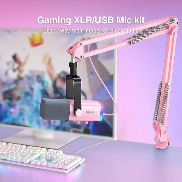 Alt view image 2 of 7 - Deuninker XLR Gaming Microphone USB, PC Dynamic Microphone Kit for Vocal, Recording, Podcast, Streaming RGB Mic with Headphone Jack, Mute Button, Boom Arm Stand for Computer/Mixer-AmpliGame AM8T Pink