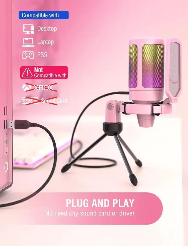 Alt view image 5 of 7 - Deuninker USB Condenser Microphone & RGB Microphone Boom Arm Bundle, Gaming PC Mic with Quick Mute, Metal Suspension Mic Stand with Adapter for Streaming, Podcasting-A6VP+BM38P