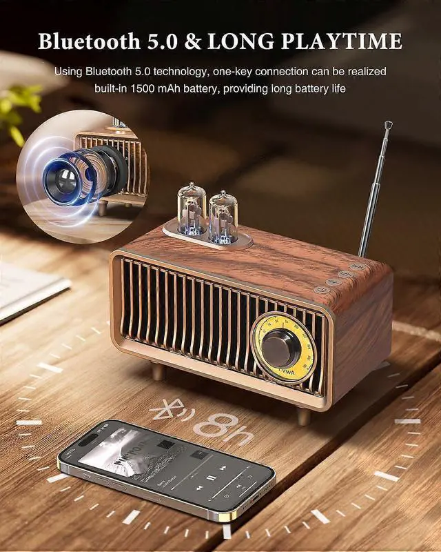 Alt view image 2 of 5 - Ecocleanpath Retro Bluetooth Speaker with FM Radio, 5W Sound, 1500mAh Battery, TF/AUX/USB, Portable Vintage Decor