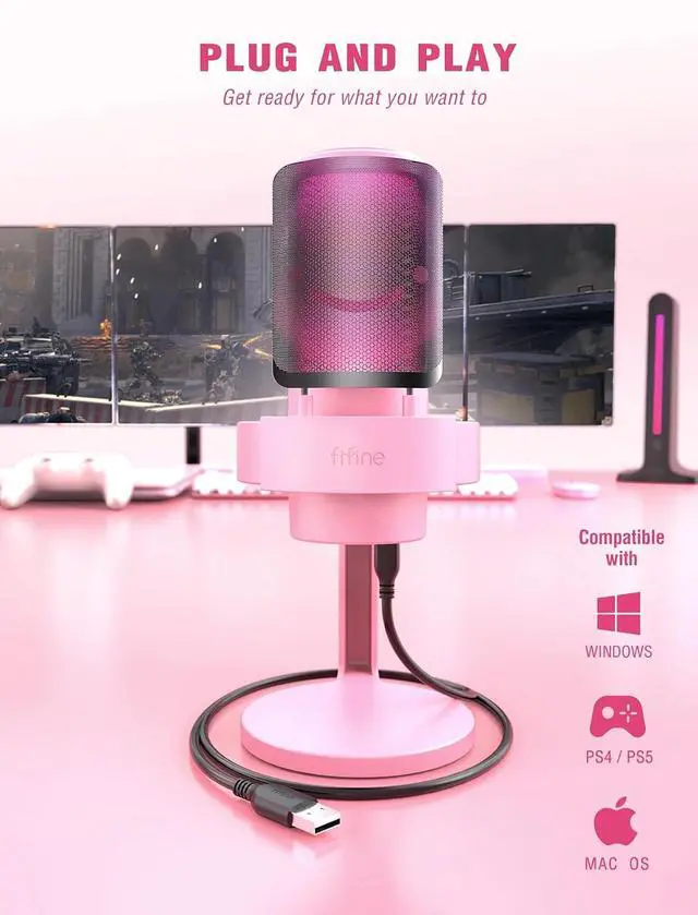 Alt view image 6 of 7 - Deuninker USB Streaming Gaming Microphone, PC Condenser Desktop Mic for Video, Home use, YouTube, with RGB Control, Gain Knob, 3.5mm Headphone Jack, Shock Mount, on Computer/PS5-AmpliGame A8 Pink