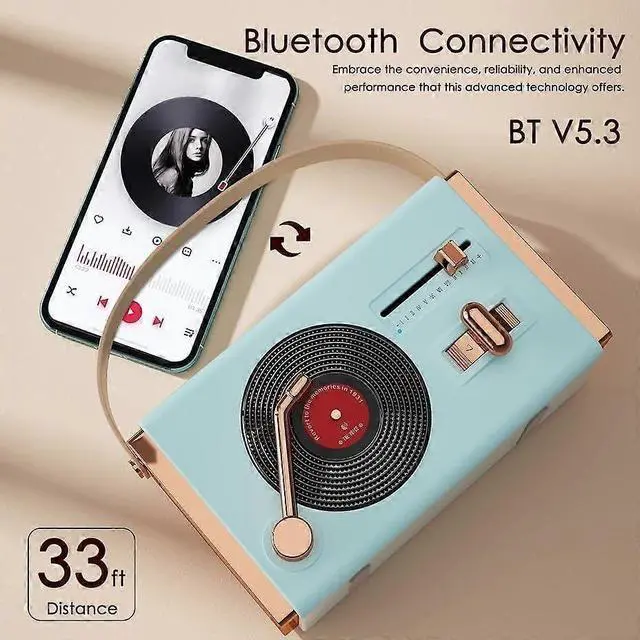 Alt view image 5 of 5 - Deuninker Retro Bluetooth Speaker, 12H Playtime, 5W HD Sound, Portable Bedroom/Office Decor (Blue)