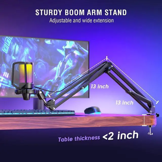 Alt view image 5 of 7 - Deuninker Gaming PC USB Microphone Kit with Metal Pop Filter, Podcast Condenser Mic with Boom Arm Bundle, Mute Button, RGB, Streaming Mic for Recording, Videos, Twitch, YouTube (A6T+U1)