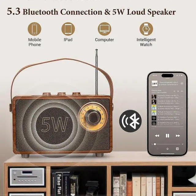 Alt view image 2 of 5 - Deuninker Retro Bluetooth Speaker with FM Radio, 5W Portable MP3 Player, 1500mAh Battery, TF/AUX/USB Support