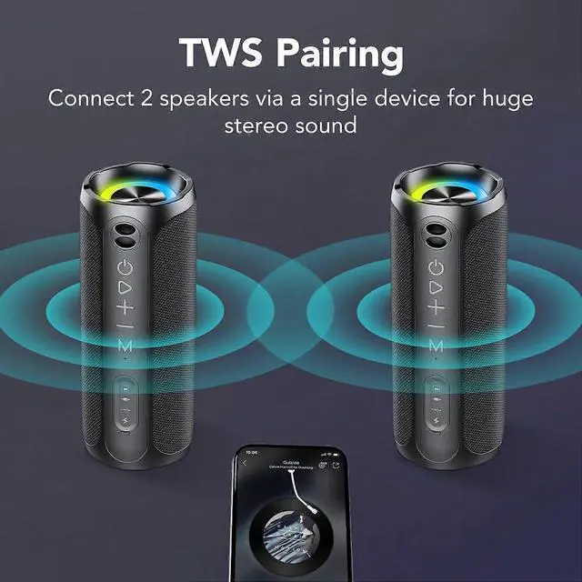 Alt view image 5 of 5 - Deuninker 20W Portable Bluetooth Speaker, IPX7 Waterproof, 24H Playtime, RGB Lights, Double Pairing, Bluetooth 5.3