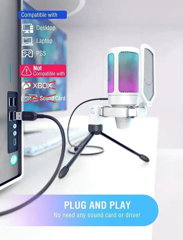 Alt view image 5 of 7 - Deuninker USB Gaming Microphone with Pop Filter Bundle, PC Streaming Mic with Quick Mute Kit, RGB Recording Podcasting Condenser Mic for YouTube, Video, Studio (A6W+U1)
