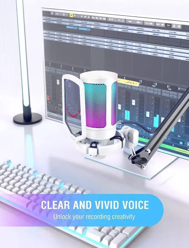 Alt view image 6 of 7 - Deuninker USB Gaming Microphone with Pop Filter Bundle, PC Streaming Mic with Quick Mute Kit, RGB Recording Podcasting Condenser Mic for YouTube, Video, Studio (A6W+U1)