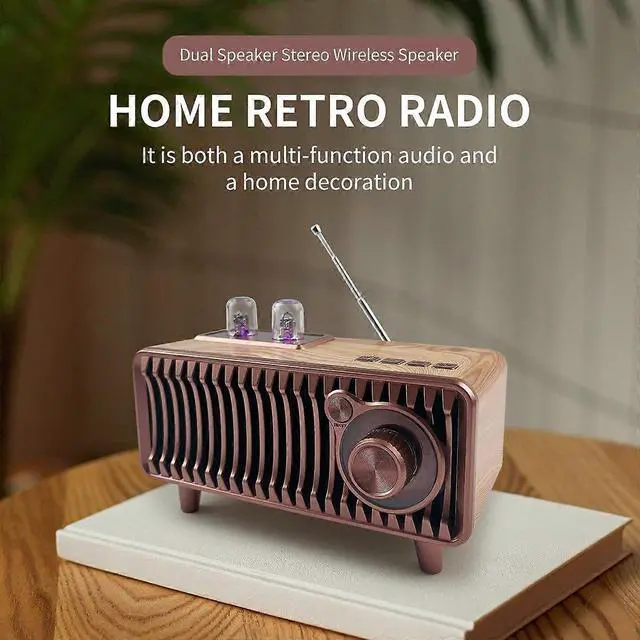 Alt view image 2 of 5 - Deuninker Retro Bluetooth Speaker Radio, Walnut Wood Vintage FM Stereo, 20W Dual Speakers, USB/TF/Aux Input