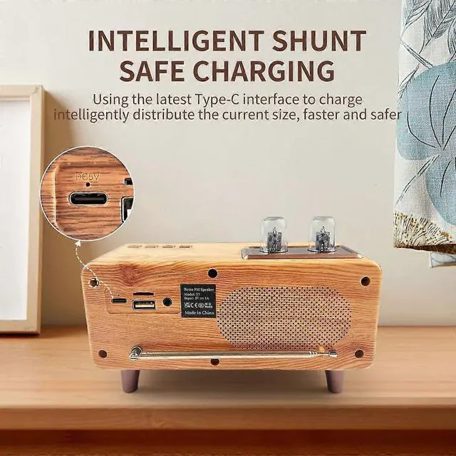Alt view image 5 of 5 - Deuninker Retro Bluetooth Speaker Radio, Walnut Wood Vintage FM Stereo, 20W Dual Speakers, USB/TF/Aux Input