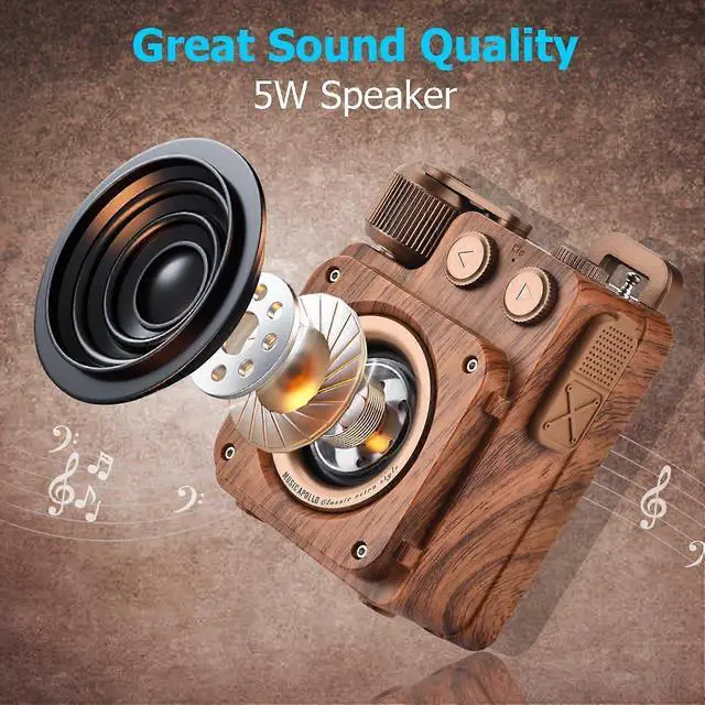 Alt view image 2 of 5 - Deuninker Retro Bluetooth Speaker with Bass, Bluetooth 5.1, USB/AUX/TF-Card, Portable Vintage Radio for Home & Office
