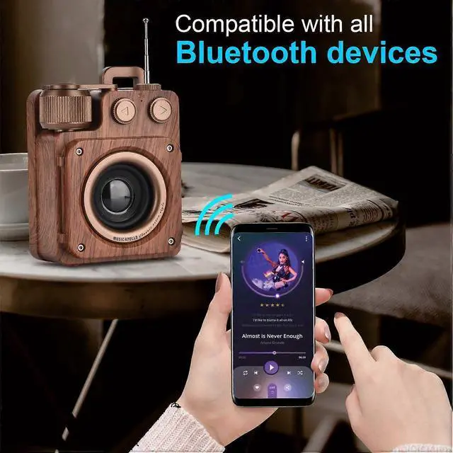 Alt view image 4 of 5 - Deuninker Retro Bluetooth Speaker with Bass, Bluetooth 5.1, USB/AUX/TF-Card, Portable Vintage Radio for Home & Office