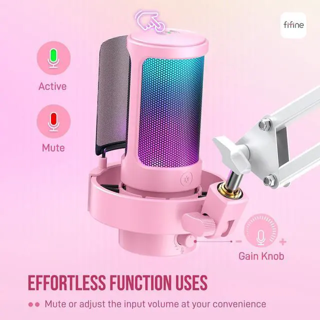 Alt view image 2 of 7 - Deuninker USB Streaming Microphone with Boom Arm, Gaming Mic Kit for PC PS4/PS5, Podcast Microphone for Podcast with RGB Control, Mute Button, Gain Knob, Headphones Jack, Pop Filter-A8T Pink