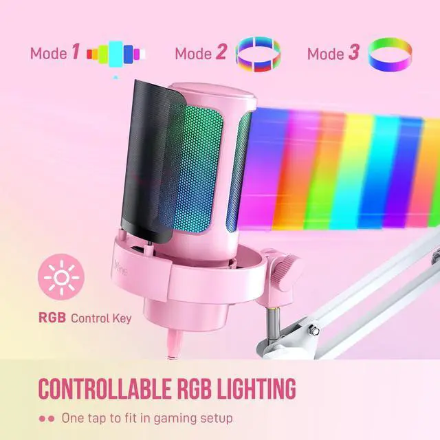 Alt view image 3 of 7 - Deuninker USB Streaming Microphone with Boom Arm, Gaming Mic Kit for PC PS4/PS5, Podcast Microphone for Podcast with RGB Control, Mute Button, Gain Knob, Headphones Jack, Pop Filter-A8T Pink