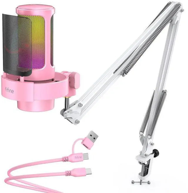 Main image of Deuninker USB Streaming Microphone with Boom Arm, Gaming Mic Kit for PC PS4/PS5, Podcast Microphone for Podcast with RGB Control, Mute Button, Gain Knob, Headphones Jack, Pop Filter-A8T Pink