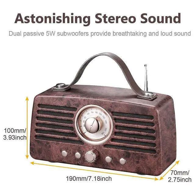 Alt view image 2 of 5 - Deuninker Retro Bluetooth Speaker with FM Radio, 10W Stereo Sound & 8H Playtime, Portable Wireless Speaker for Home & Outdoor