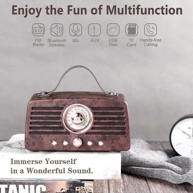 Alt view image 4 of 5 - Deuninker Retro Bluetooth Speaker with FM Radio, 10W Stereo Sound & 8H Playtime, Portable Wireless Speaker for Home & Outdoor