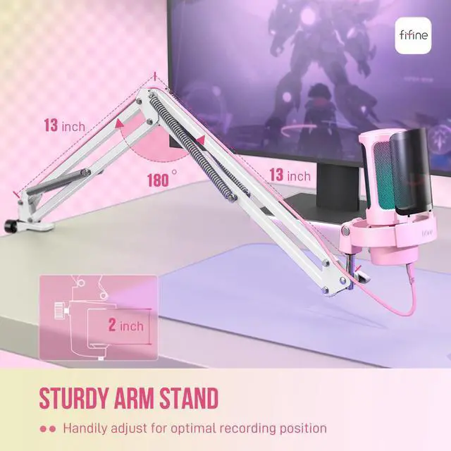 Alt view image 6 of 7 - Deuninker USB Streaming Microphone with Boom Arm, Gaming Mic Kit for PC PS4/PS5, Podcast Microphone for Podcast with RGB Control, Mute Button, Gain Knob, Headphones Jack, Pop Filter-A8T Pink