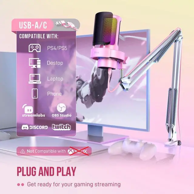 Alt view image 5 of 7 - Deuninker USB Streaming Microphone with Boom Arm, Gaming Mic Kit for PC PS4/PS5, Podcast Microphone for Podcast with RGB Control, Mute Button, Gain Knob, Headphones Jack, Pop Filter-A8T Pink