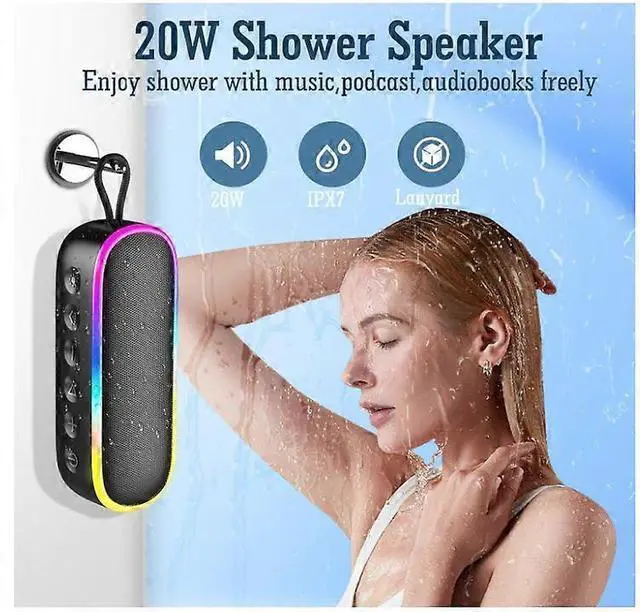 Alt view image 2 of 5 - Ecocleanpath 20W IPX7 Waterproof Bluetooth Shower Speaker with Extra Bass & Dynamic Lights, Black
