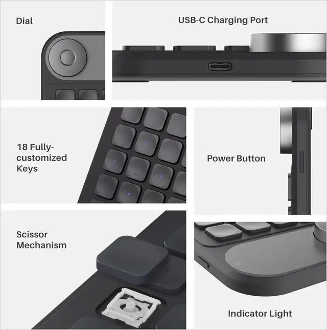 Alt view image 2 of 4 - Keydial Mini Bluetooth Programmable Keypad with Dial 5 Keys Anti-ghosting 18 Customized Keys, Wireless Shortcut Keyboard for Drawing Tablet, PC, Laptops