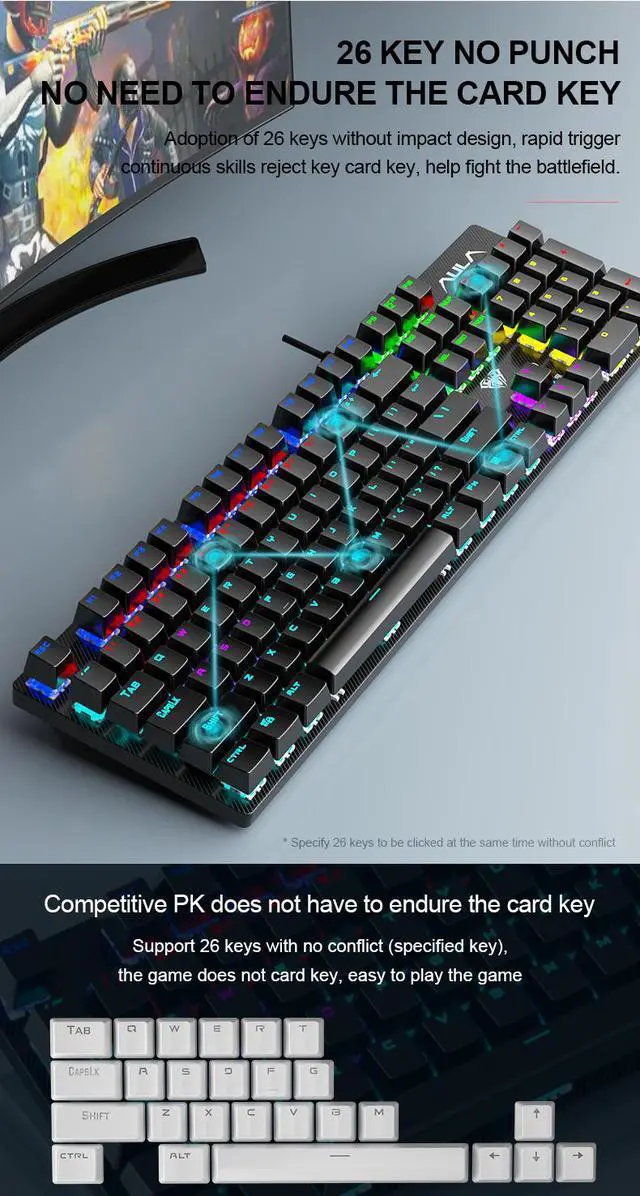 Alt view image 5 of 7 - AULA S2022 Wired Mechanical Gaming Keyboard with 104 Keys Adoption of 26 Keys without Impact Design USB interface Mechanical Keyboard for WIN XP WIN7 WIN8 WIN10 System