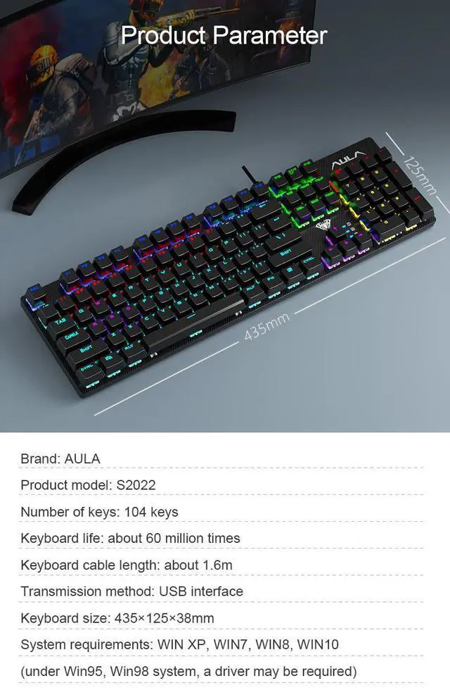 Alt view image 7 of 7 - AULA S2022 Wired Mechanical Gaming Keyboard with 104 Keys Adoption of 26 Keys without Impact Design USB interface Mechanical Keyboard for WIN XP WIN7 WIN8 WIN10 System
