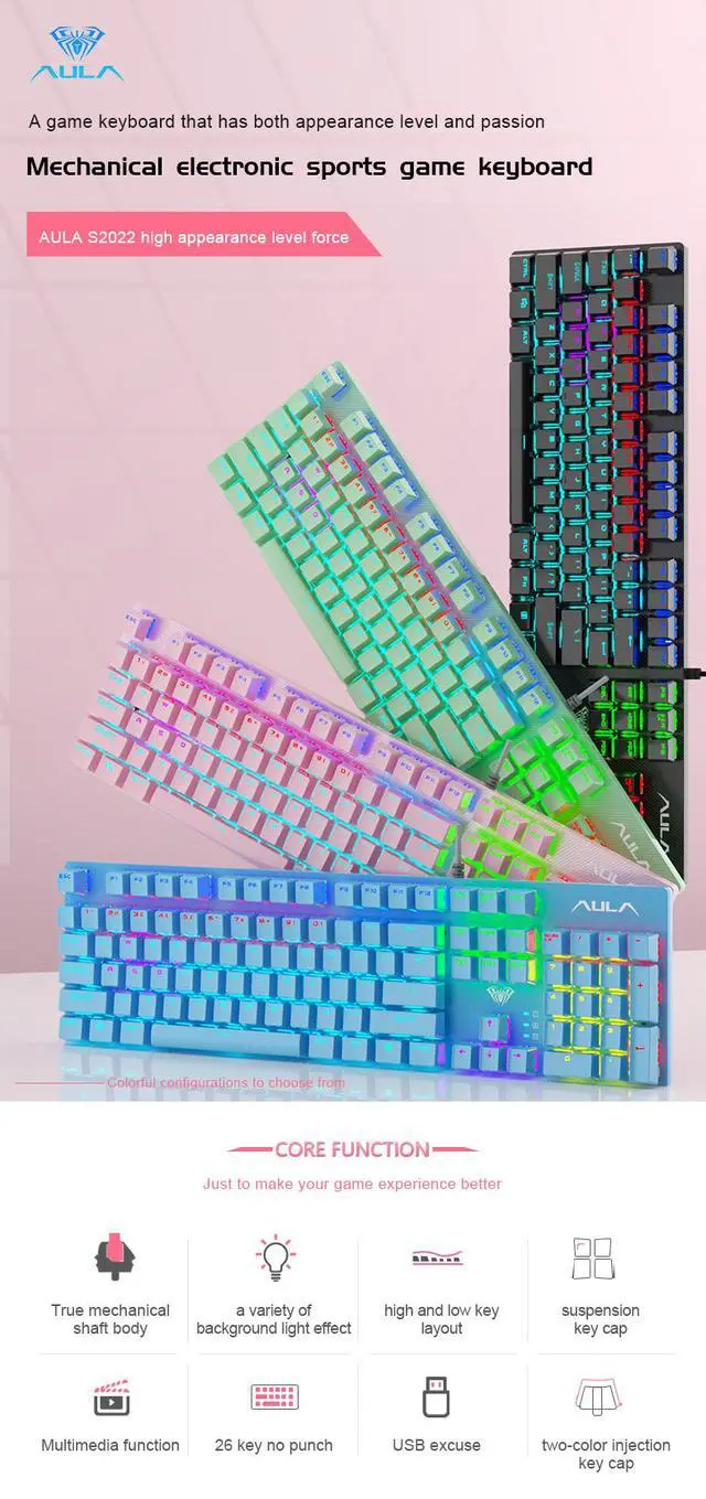 Alt view image 6 of 7 - AULA S2022 Wired Mechanical Gaming Keyboard with 104 Keys Adoption of 26 Keys without Impact Design USB interface Mechanical Keyboard for WIN XP WIN7 WIN8 WIN10 System