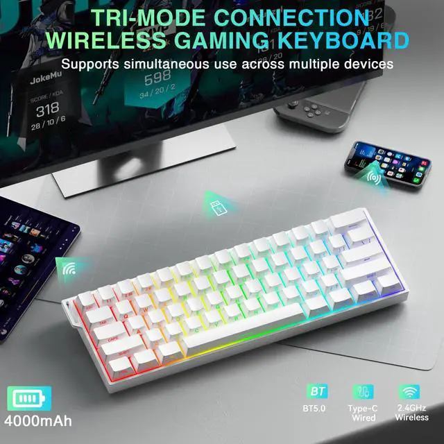 Alt view image 3 of 7 - Aula MINI60 HE PRO - 60% Mechanical Gaming Keyboard Wireless, Hall Effect Magnetic Switch Hot Swappable, Rapid Trigger Mode, 8000 Hz Polling Rate, 60 Percent Compact Design (White)