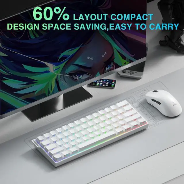 Alt view image 4 of 7 - Aula MINI60 HE PRO - 60% Mechanical Gaming Keyboard Wireless, Hall Effect Magnetic Switch Hot Swappable, Rapid Trigger Mode, 8000 Hz Polling Rate, 60 Percent Compact Design (White)