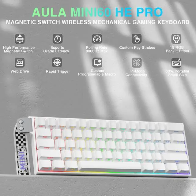 Alt view image 2 of 7 - Aula MINI60 HE PRO - 60% Mechanical Gaming Keyboard Wireless, Hall Effect Magnetic Switch Hot Swappable, Rapid Trigger Mode, 8000 Hz Polling Rate, 60 Percent Compact Design (White)