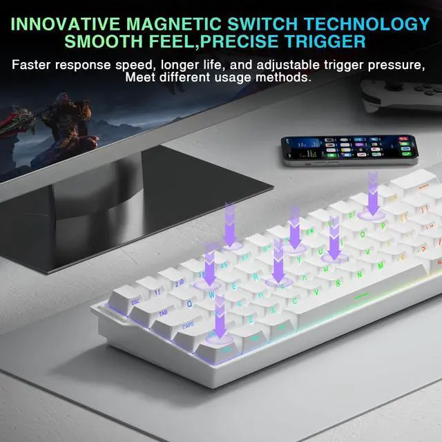 Alt view image 5 of 7 - Aula MINI60 HE PRO - 60% Mechanical Gaming Keyboard Wireless, Hall Effect Magnetic Switch Hot Swappable, Rapid Trigger Mode, 8000 Hz Polling Rate, 60 Percent Compact Design (White)