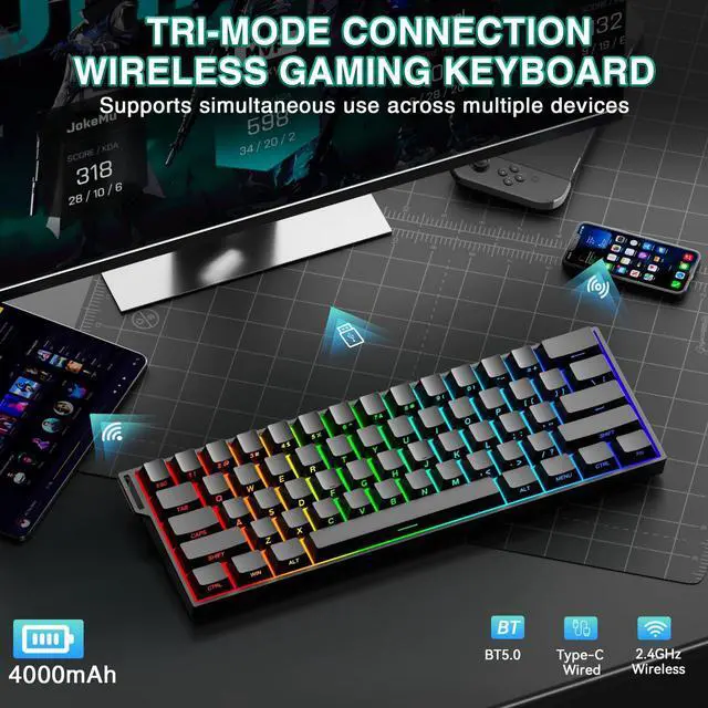 Alt view image 3 of 7 - Aula MINI60 HE PRO - 60% Mechanical Gaming Keyboard Wireless, Hall Effect Magnetic Switch Hot Swappable, Rapid Trigger Mode, 8000 Hz Polling Rate, 60 Percent Compact Design (Black)