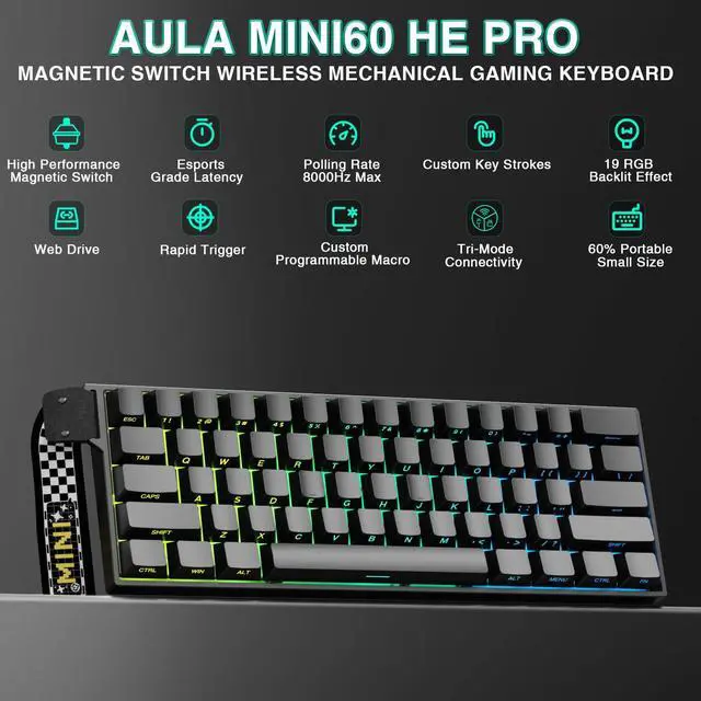 Alt view image 2 of 7 - Aula MINI60 HE PRO - 60% Mechanical Gaming Keyboard Wireless, Hall Effect Magnetic Switch Hot Swappable, Rapid Trigger Mode, 8000 Hz Polling Rate, 60 Percent Compact Design (Black)
