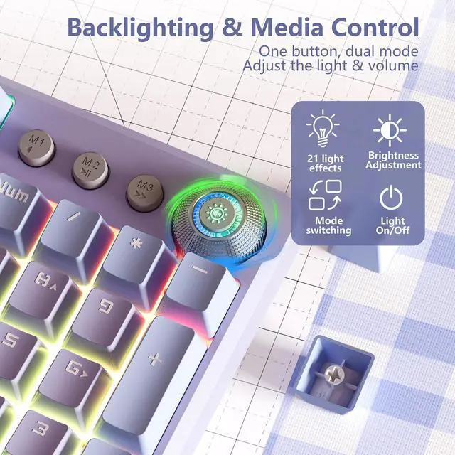 Alt view image 4 of 7 - AULA F2088 Pro Keyboard, 108 Keys Purple Mechanical Keyboard with RGB Rainbow Backlit, Removable Upper Cover, Aesthetic Media Knob Red Switches Programmable Keys USB Wired Keyboards for MAC PC Gamer