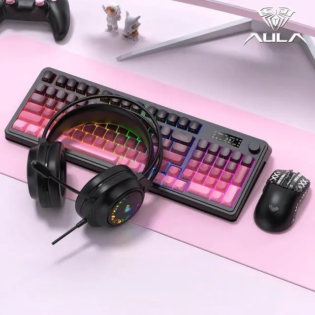 Alt view image 10 of 10 - AULA S99 Pro Keyboard, Wireless Keyboards with Media Knob Custom RGB Backlit, 3-Modes BT/2.4G/USB-C Membrane Gaming Creamy Keyboard for Windows/MAC/PC Gamer - Black Pink