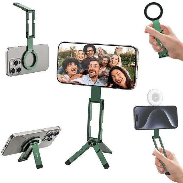 Main image of Deuninker MA60 Magnetic Phone Tripod Stand for iPhone 17 16 15 14 13 12 - Ultra Thin 0.8cm Foldable Aluminum Mini Tripod, Strong N52 Magnet Quick Mount, Pocket Cell Phone Stand, Green
