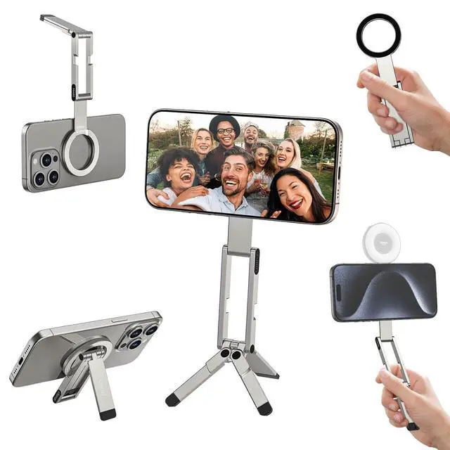 Main image of Deuninker MA60 Magnetic Phone Tripod Stand for iPhone 17 16 15 14 13 12 - Ultra Thin 0.8cm Foldable Aluminum Mini Tripod, Strong N52 Magnet Quick Mount, Pocket Cell Phone Stand, Silver