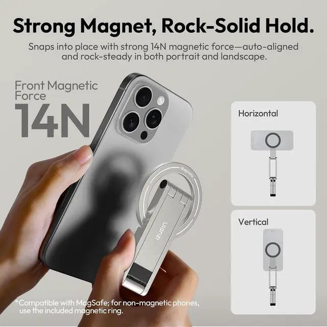 Alt view image 4 of 7 - Deuninker MA60 Magnetic Phone Tripod Stand for iPhone 17 16 15 14 13 12 - Ultra Thin 0.8cm Foldable Aluminum Mini Tripod, Strong N52 Magnet Quick Mount, Pocket Cell Phone Stand, Silver