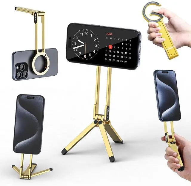 Main image of Deuninker MA30 Magnetic Phone Tripod Stand for iPhone - Aluminium Maglock Smartphone Mini Tripod Pocket Cell Phone Stand Strong Magnet Quick Mount Compatible with iPhone 17 16 15 14 13 12 Series, Gold