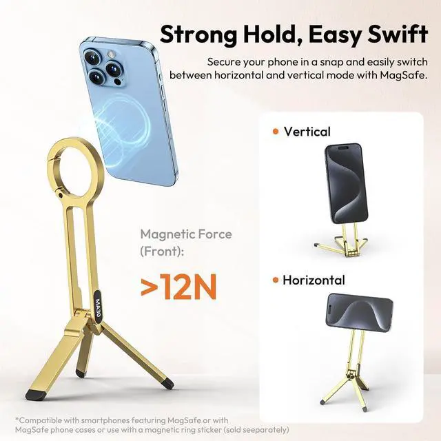 Alt view image 4 of 7 - Deuninker MA30 Magnetic Phone Tripod Stand for iPhone - Aluminium Maglock Smartphone Mini Tripod Pocket Cell Phone Stand Strong Magnet Quick Mount Compatible with iPhone 17 16 15 14 13 12 Series, Gold