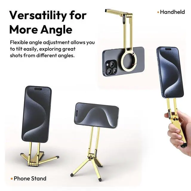 Alt view image 3 of 7 - Deuninker MA30 Magnetic Phone Tripod Stand for iPhone - Aluminium Maglock Smartphone Mini Tripod Pocket Cell Phone Stand Strong Magnet Quick Mount Compatible with iPhone 17 16 15 14 13 12 Series, Gold
