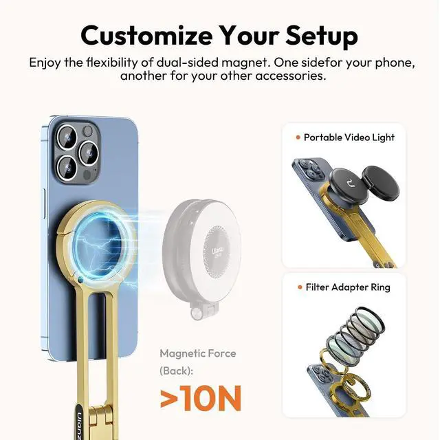 Alt view image 6 of 7 - Deuninker MA30 Magnetic Phone Tripod Stand for iPhone - Aluminium Maglock Smartphone Mini Tripod Pocket Cell Phone Stand Strong Magnet Quick Mount Compatible with iPhone 17 16 15 14 13 12 Series, Gold