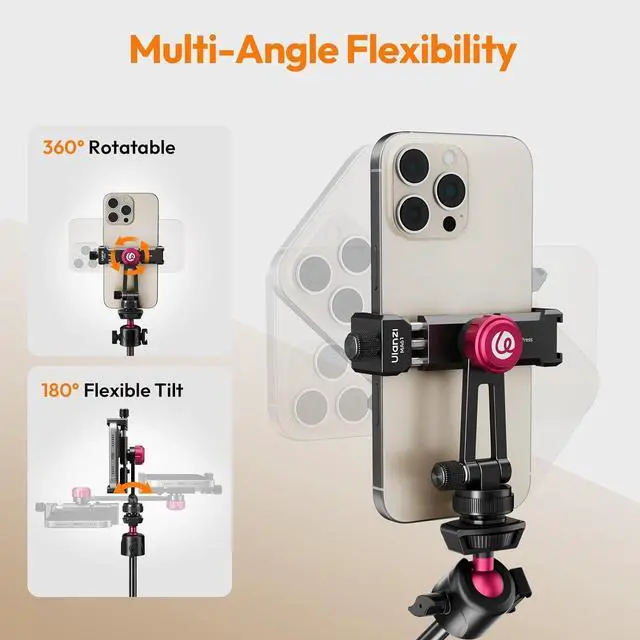 Main image of Deuninker MA61 Metal Phone Tripod Mount with Cold Shoe, 360° Adjustable Hot Shoe Camera Phone Mount for iPhone 17 16 15 14 Pro Max, Samsung, Aluminum Alloy Clamp for Vlogging, Live Streaming, Video